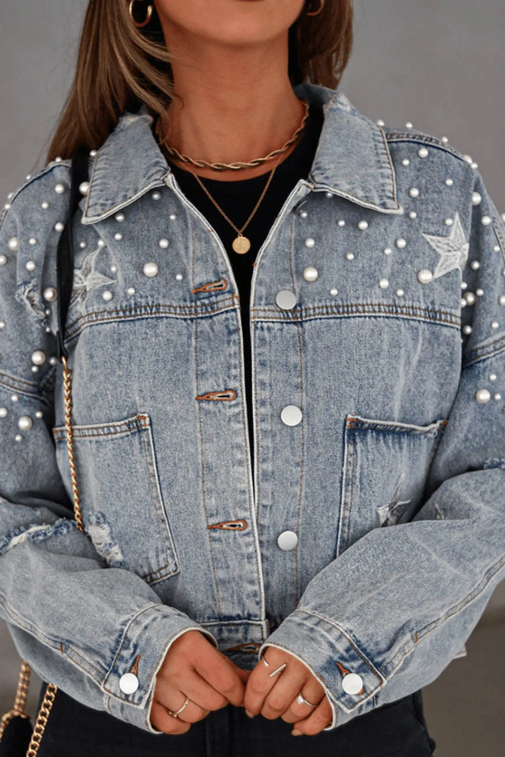 Distressed Pearls Star Cropped Denim Jacket