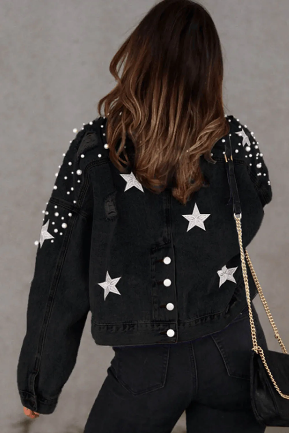 Distressed Pearls Star Cropped Denim Jacket