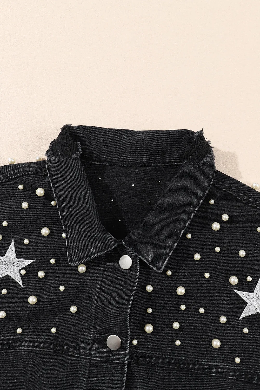 Distressed Pearls Star Cropped Denim Jacket