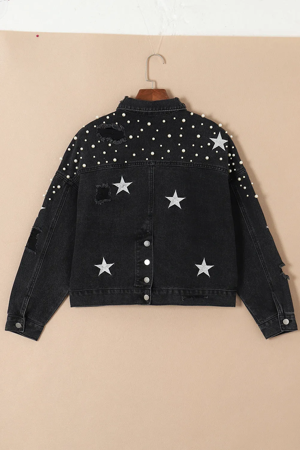 Distressed Pearls Star Cropped Denim Jacket