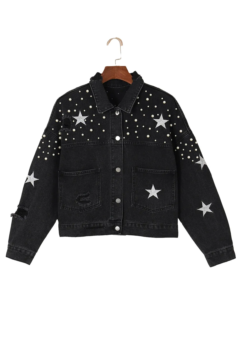 Distressed Pearls Star Cropped Denim Jacket