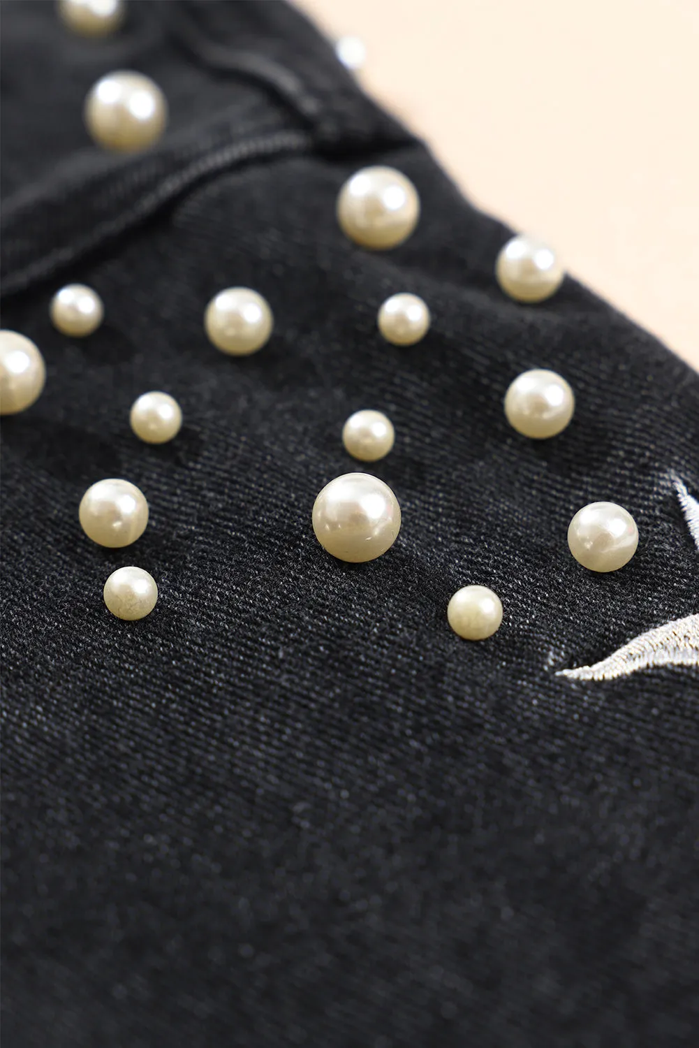 Distressed Pearls Star Cropped Denim Jacket