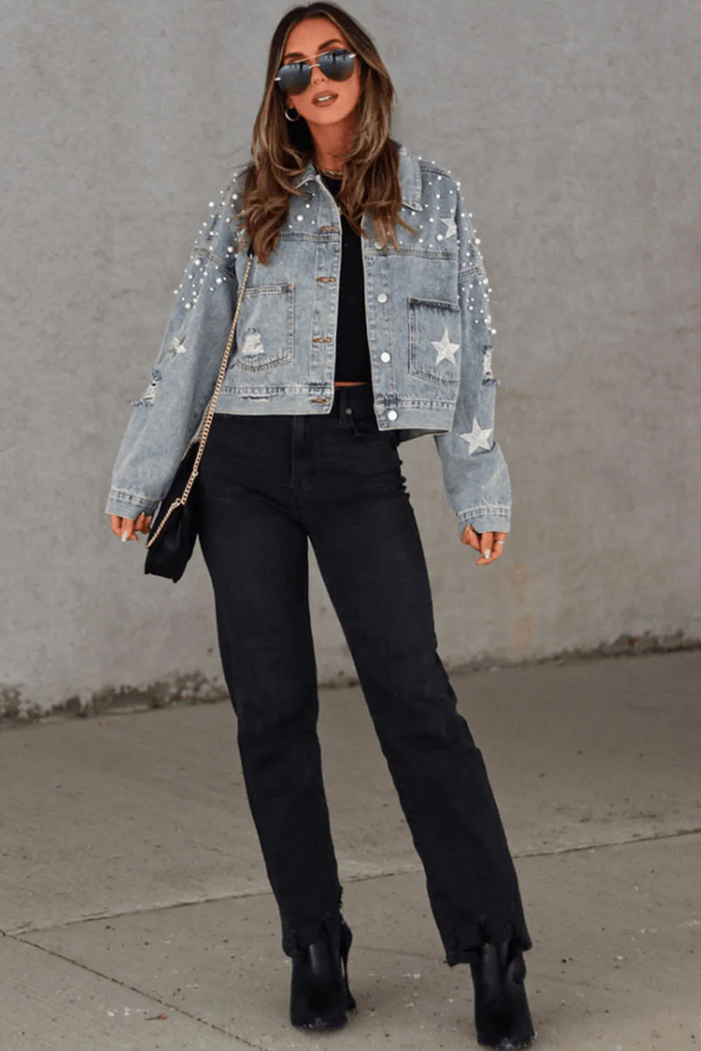 Distressed Pearls Star Cropped Denim Jacket