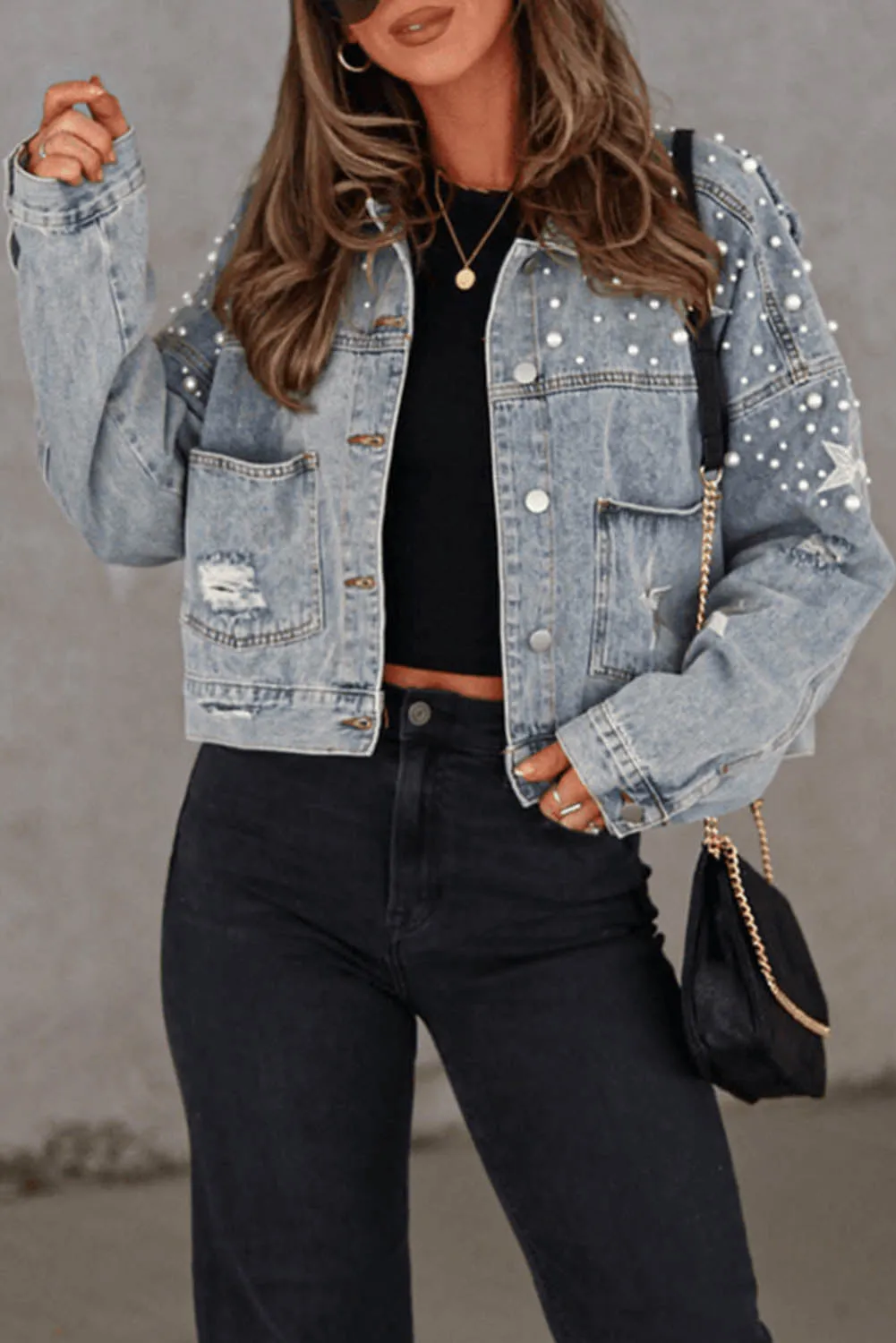 Distressed Pearls Star Cropped Denim Jacket