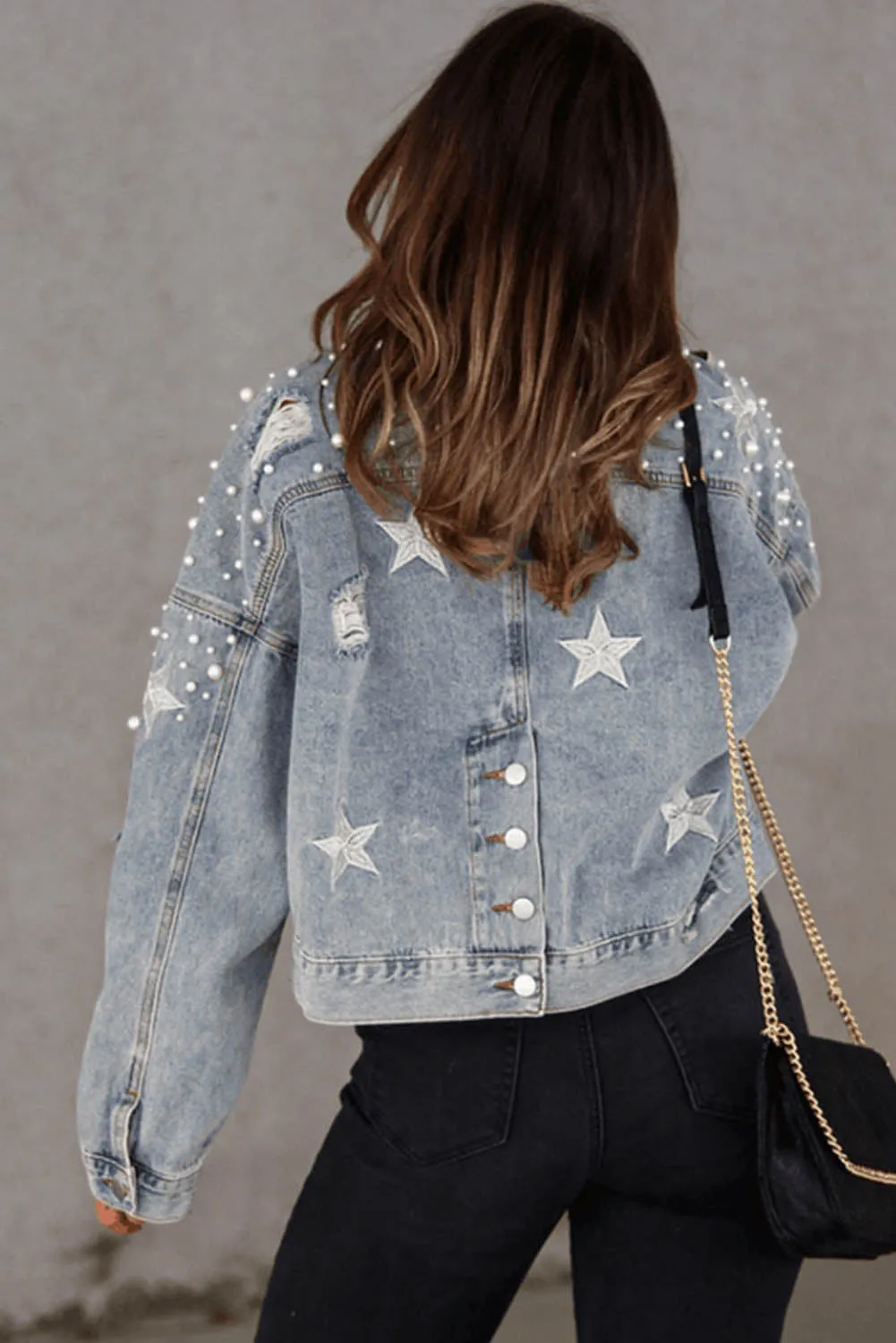 Distressed Pearls Star Cropped Denim Jacket