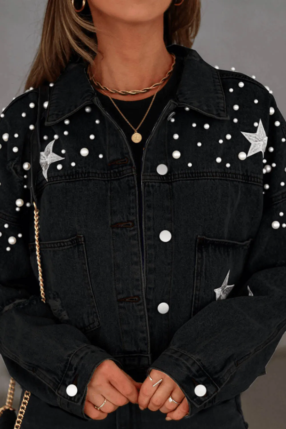 Distressed Pearls Star Cropped Denim Jacket