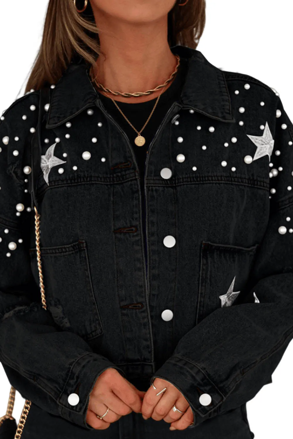 Distressed Pearls Star Cropped Denim Jacket