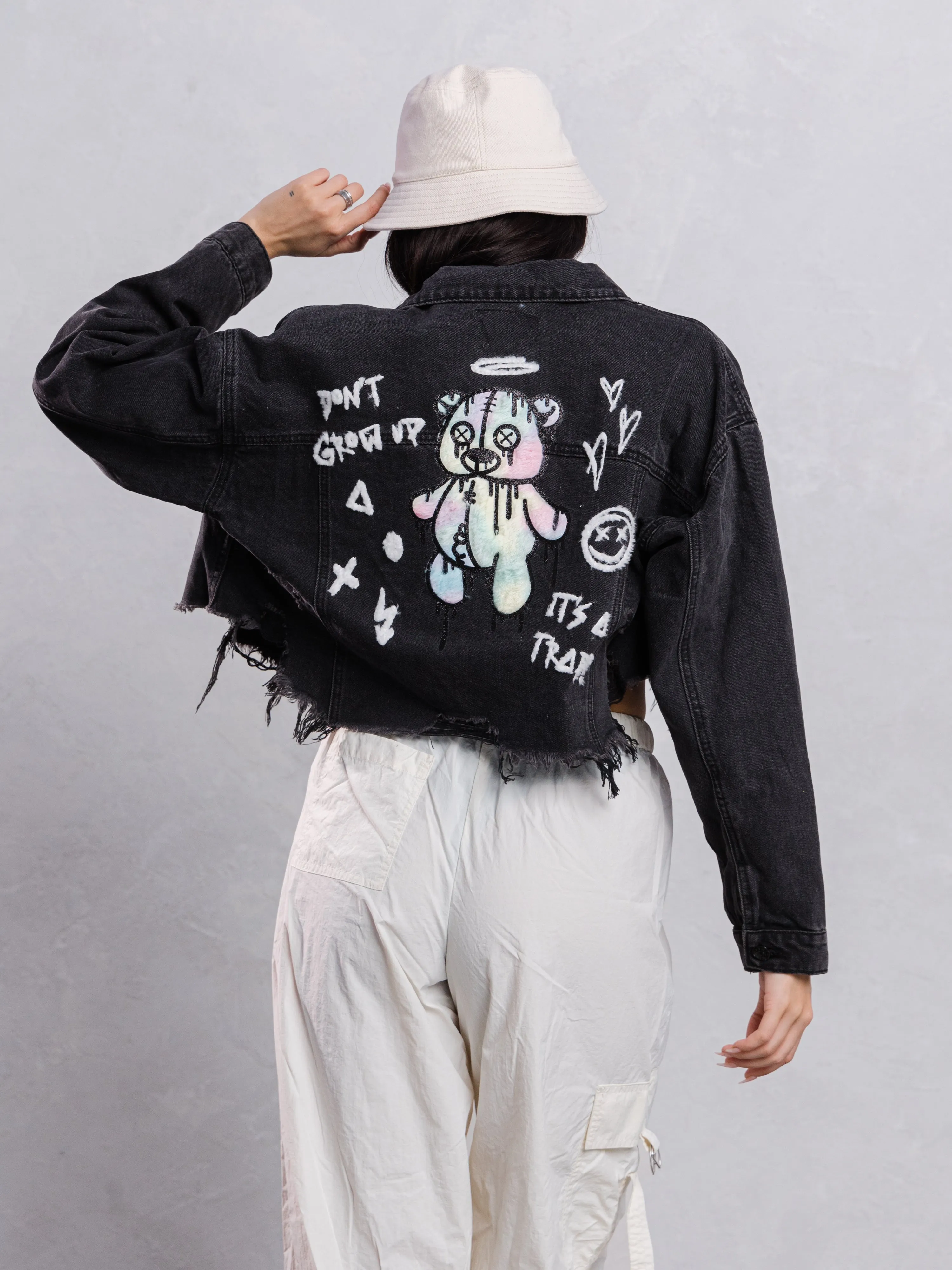 DON'T GROW UP White Font (BLK DN) Black Font (BLUE DN) Crop Denim Jacket