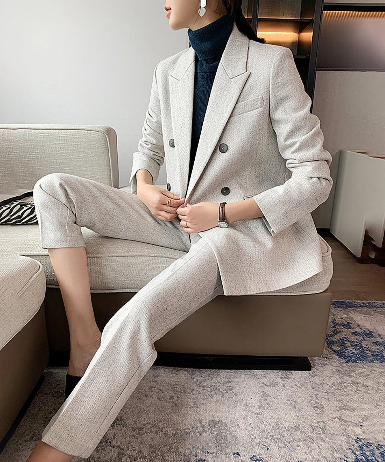 Double Breasted Blazer & Crop Pants Suit Set