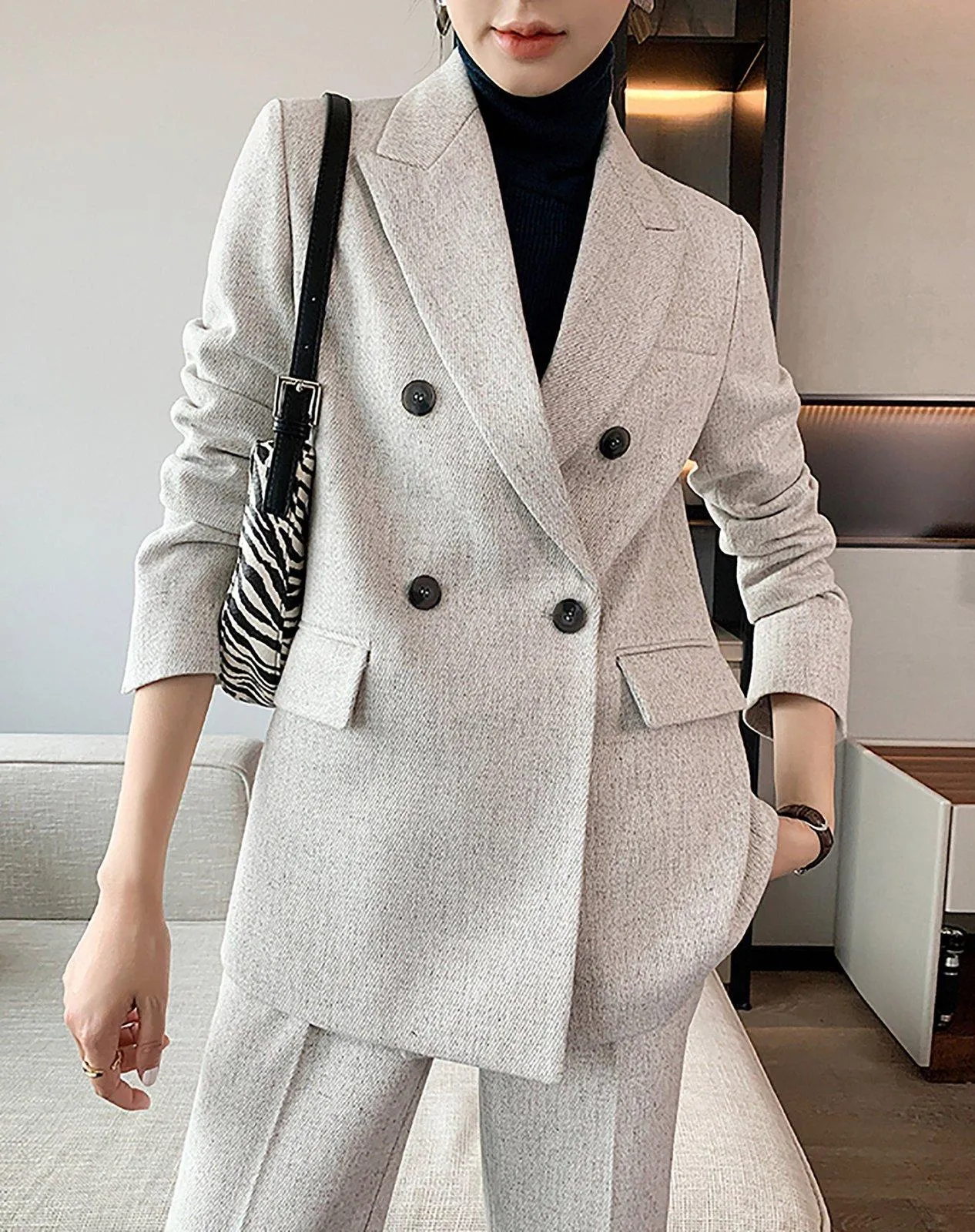 Double Breasted Blazer & Crop Pants Suit Set