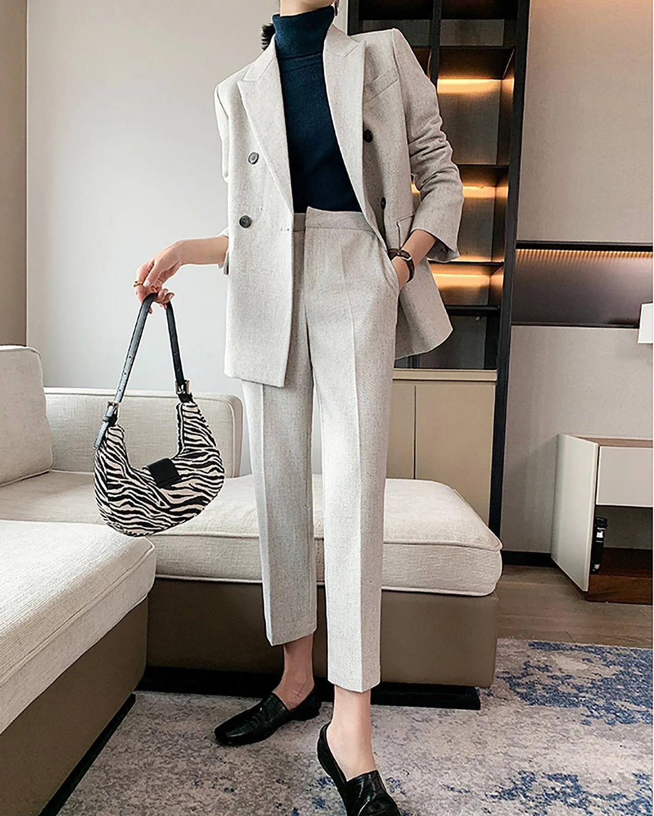 Double Breasted Blazer & Crop Pants Suit Set