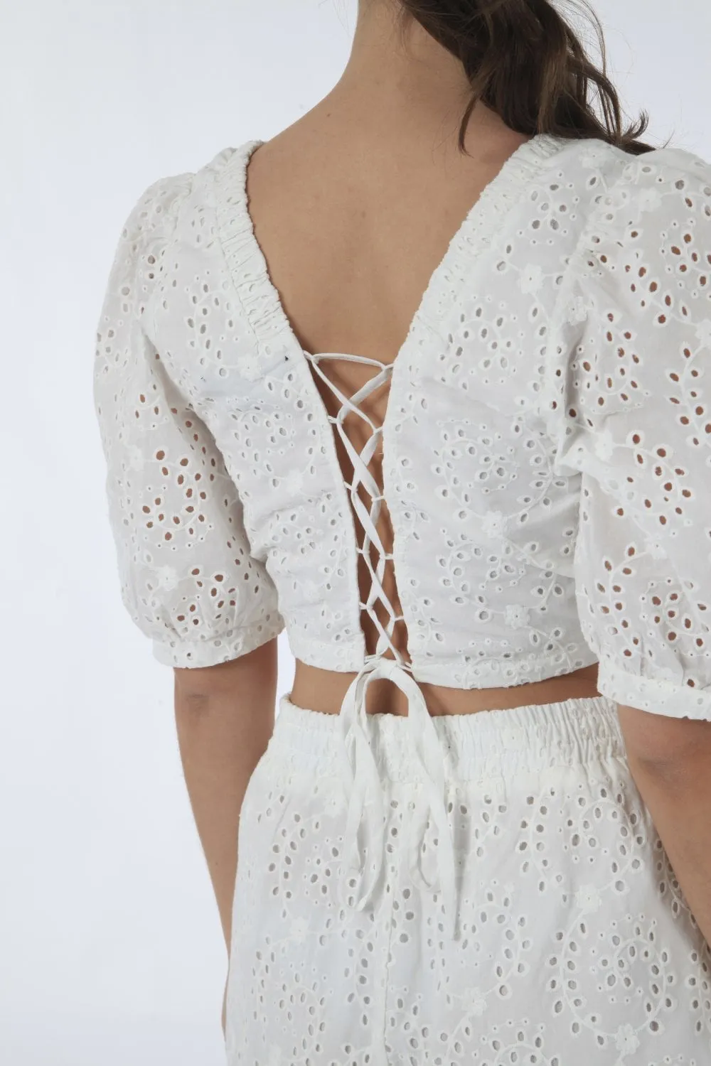 Double Second White Broderie Crop Top With Lace Up Back