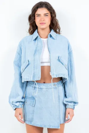 Drawstring  Crop Denim Jacket