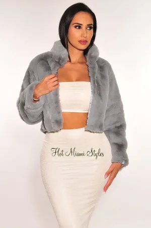 Dusty Blue Faux Fur Collared Long Sleeve Cropped Jacket