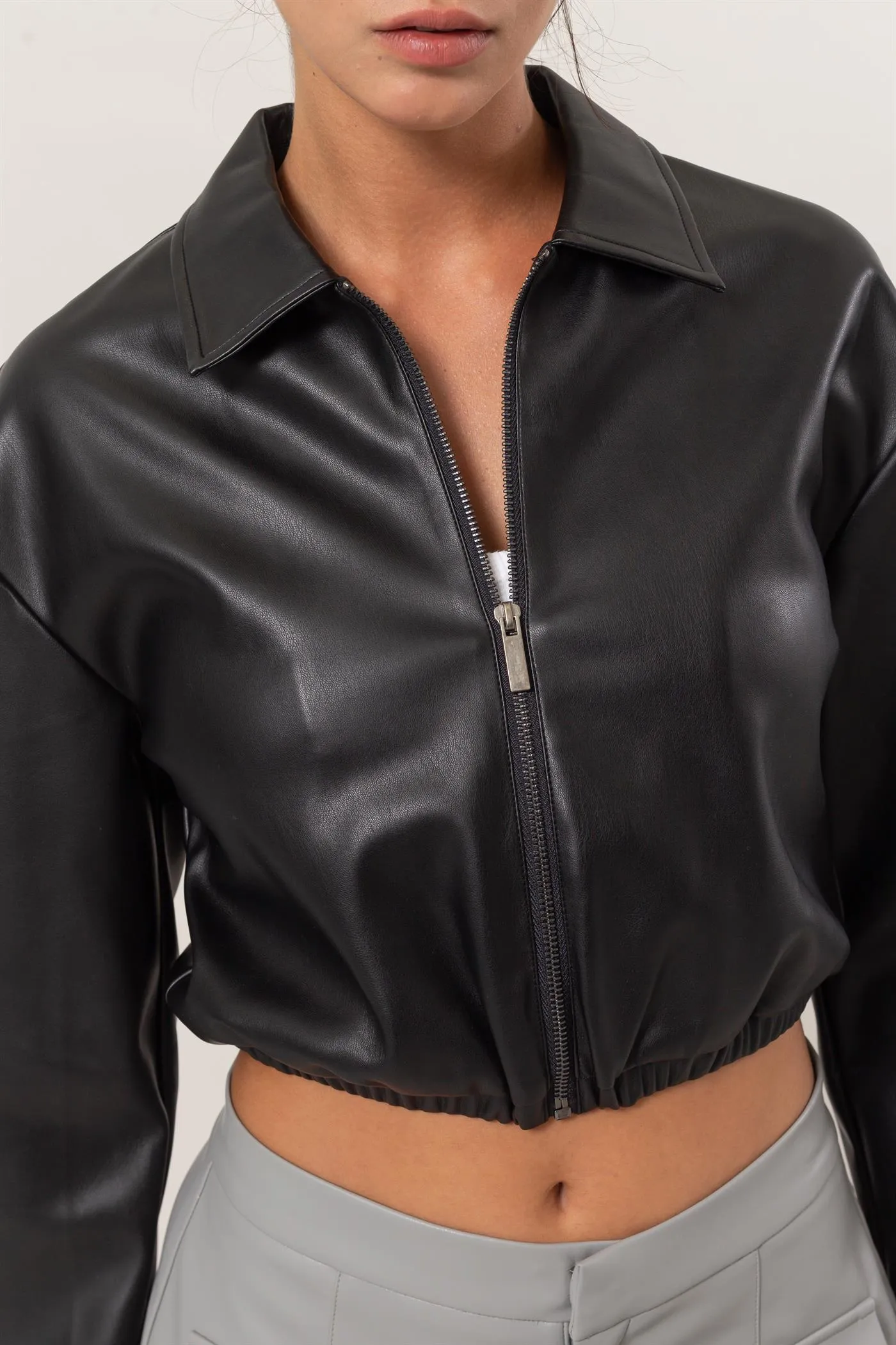 DZ24F011-Cropped Leather Jacket