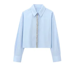 Elegant Crystal-Trimmed Cropped Shirt