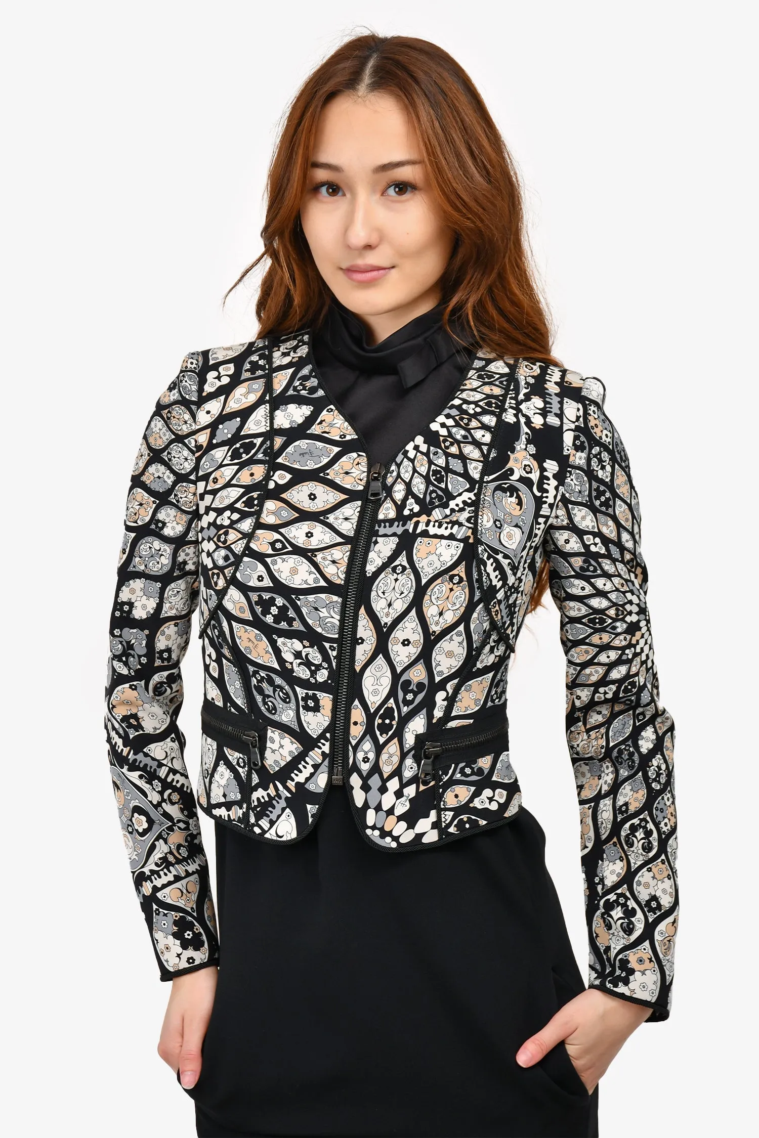 Emilio Pucci Black/White Silk Patterned Cropped Jacket Size 34