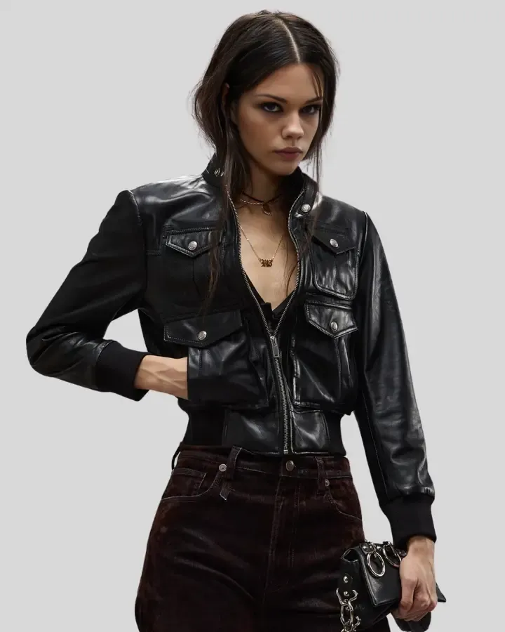 Emma Black Leather Bomber Jacket with Four-Pocket Design