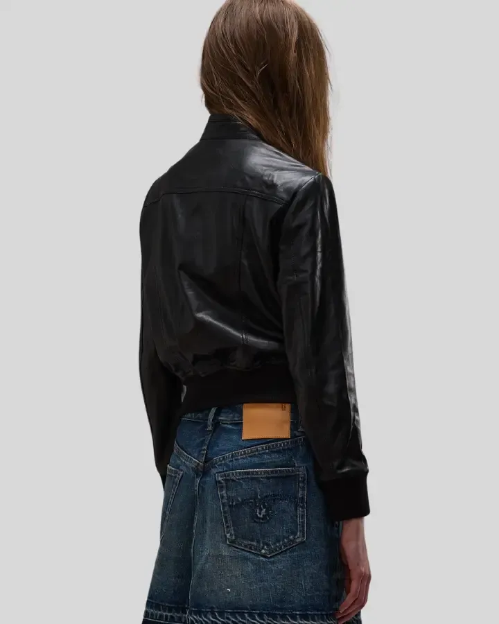 Emma Black Leather Bomber Jacket with Four-Pocket Design