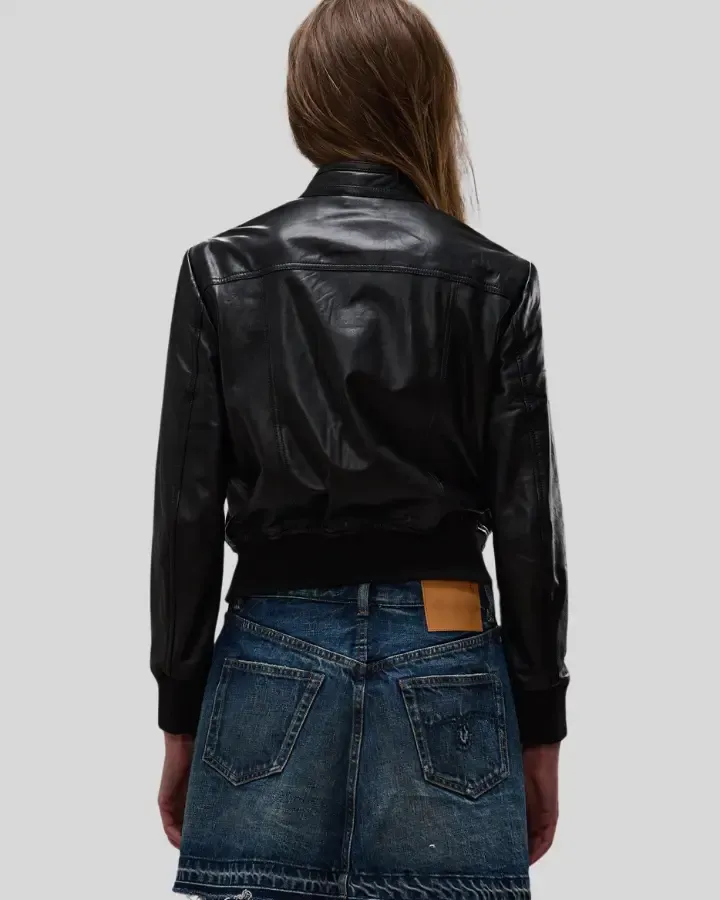 Emma Black Leather Bomber Jacket with Four-Pocket Design