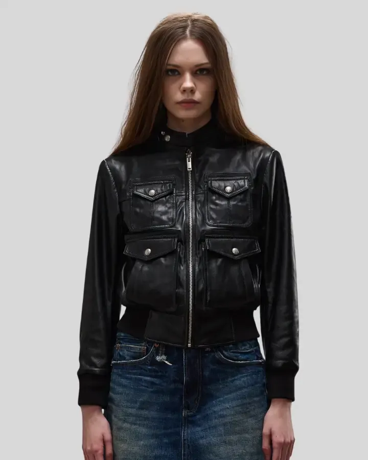 Emma Black Leather Bomber Jacket with Four-Pocket Design