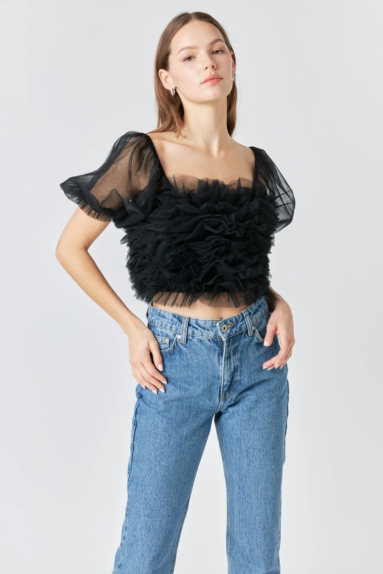 Endless Rose - Ruffled Puff Sleeve Tulle Top