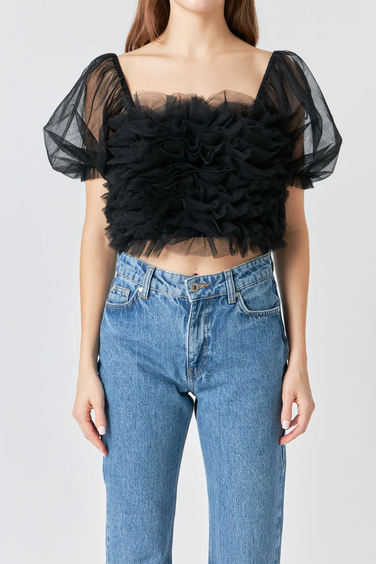 Endless Rose - Ruffled Puff Sleeve Tulle Top