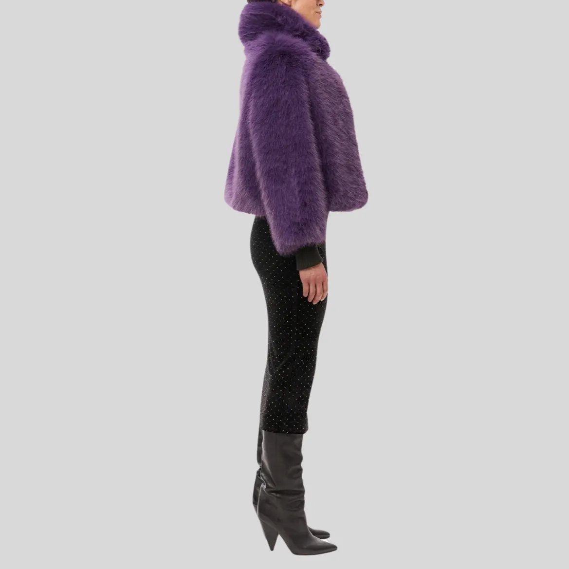 Faux Fur Peak Lapel Crop Jacket - Grape