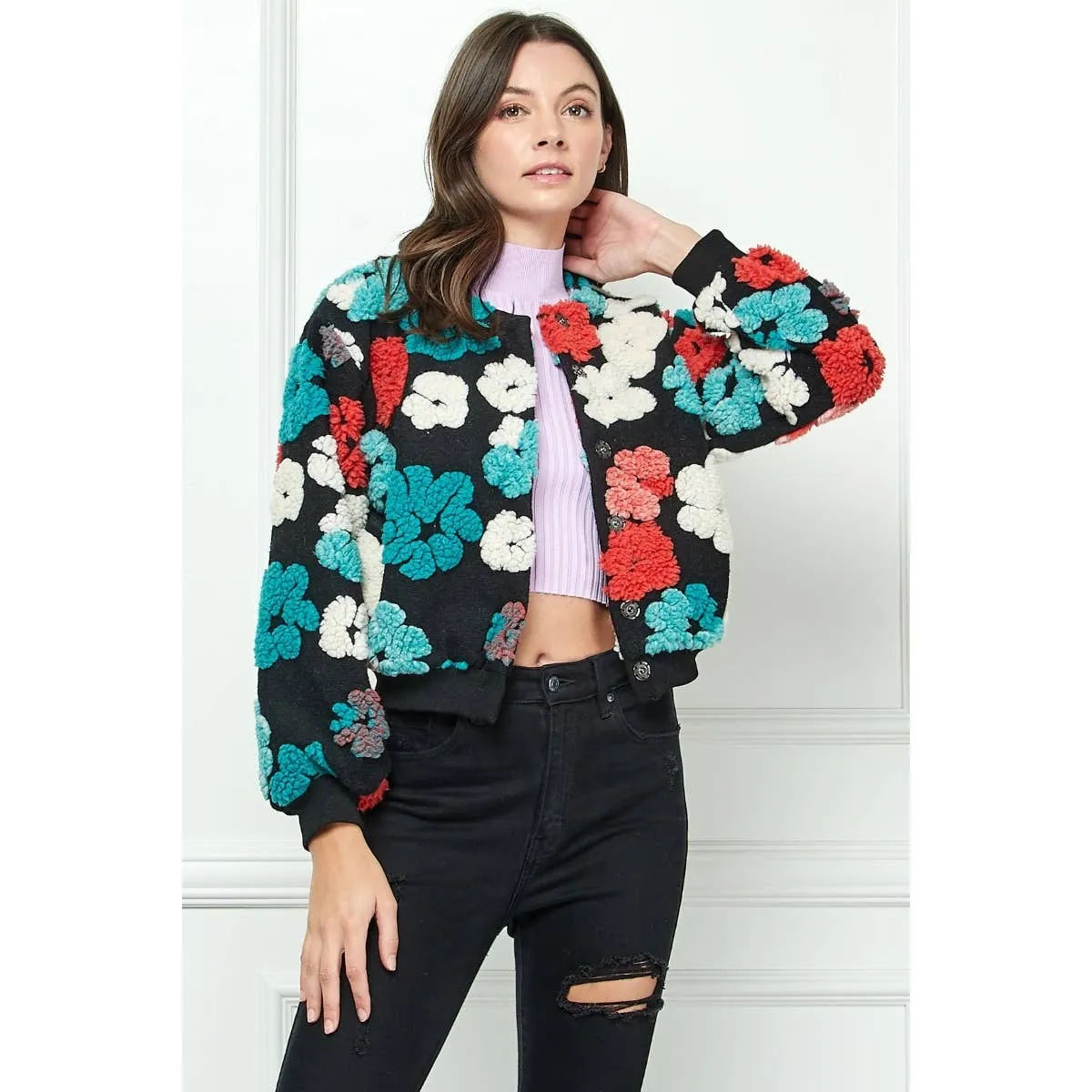 Felted Flower Puff Sleeve Button Jacket