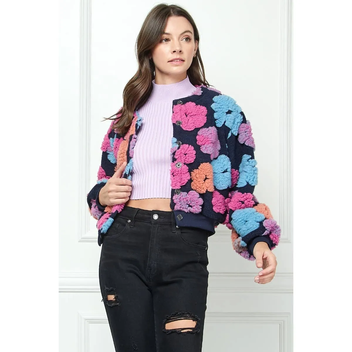 Felted Flower Puff Sleeve Button Jacket