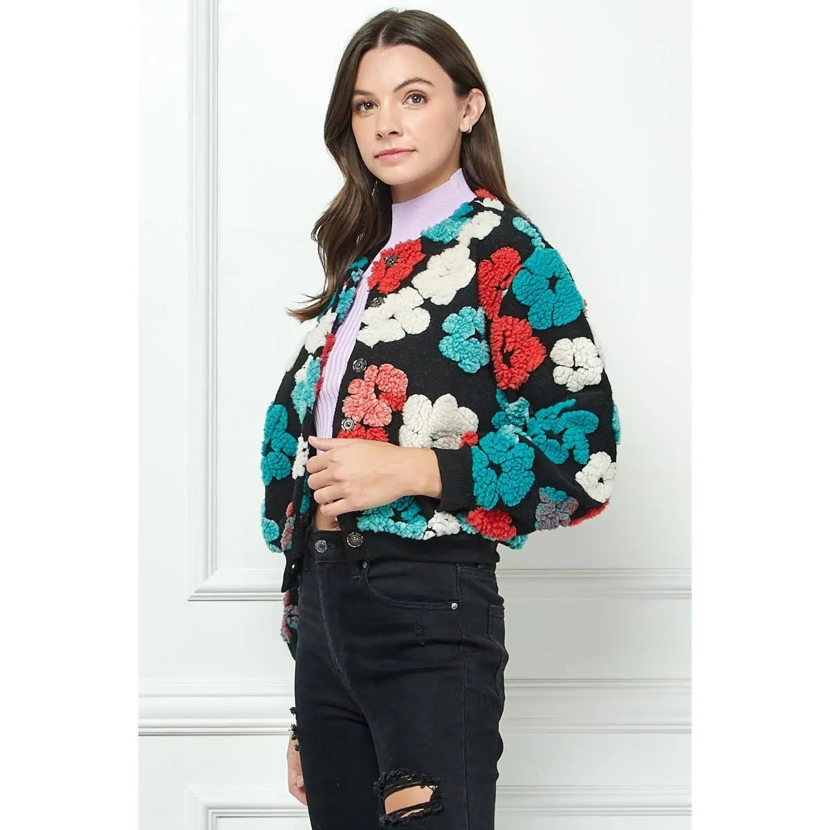 Felted Flower Puff Sleeve Button Jacket