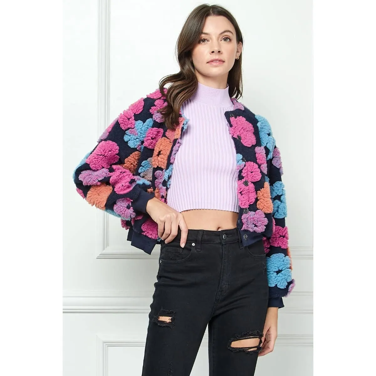 Felted Flower Puff Sleeve Button Jacket