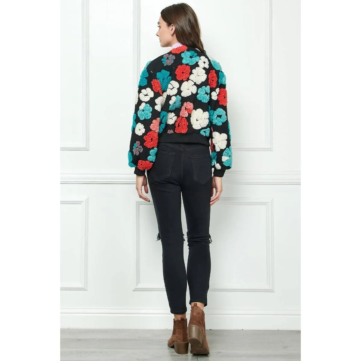 Felted Flower Puff Sleeve Button Jacket