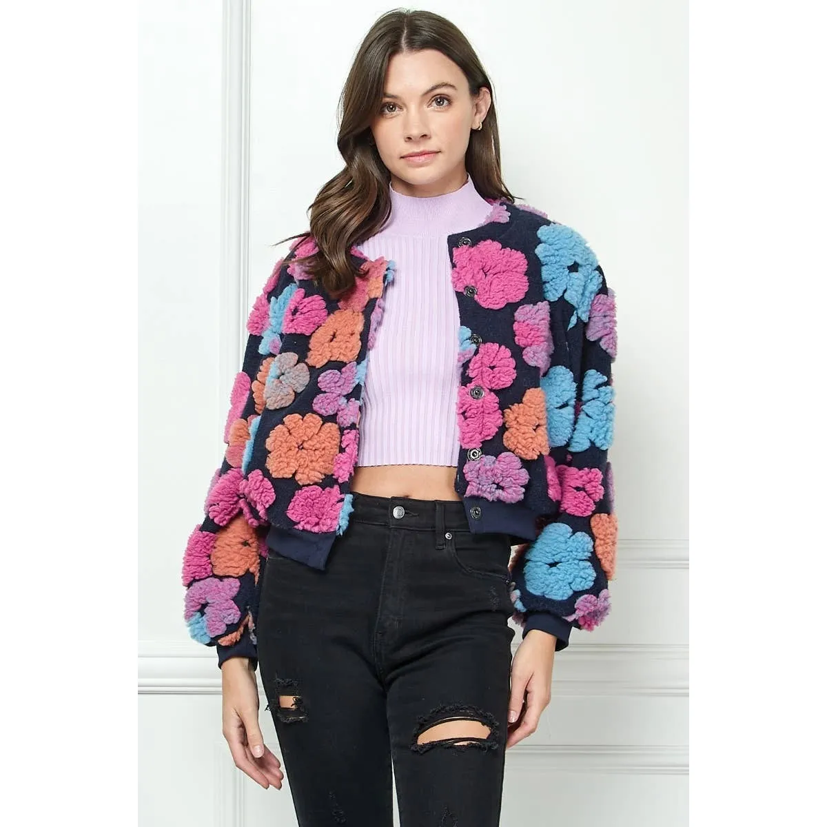 Felted Flower Puff Sleeve Button Jacket