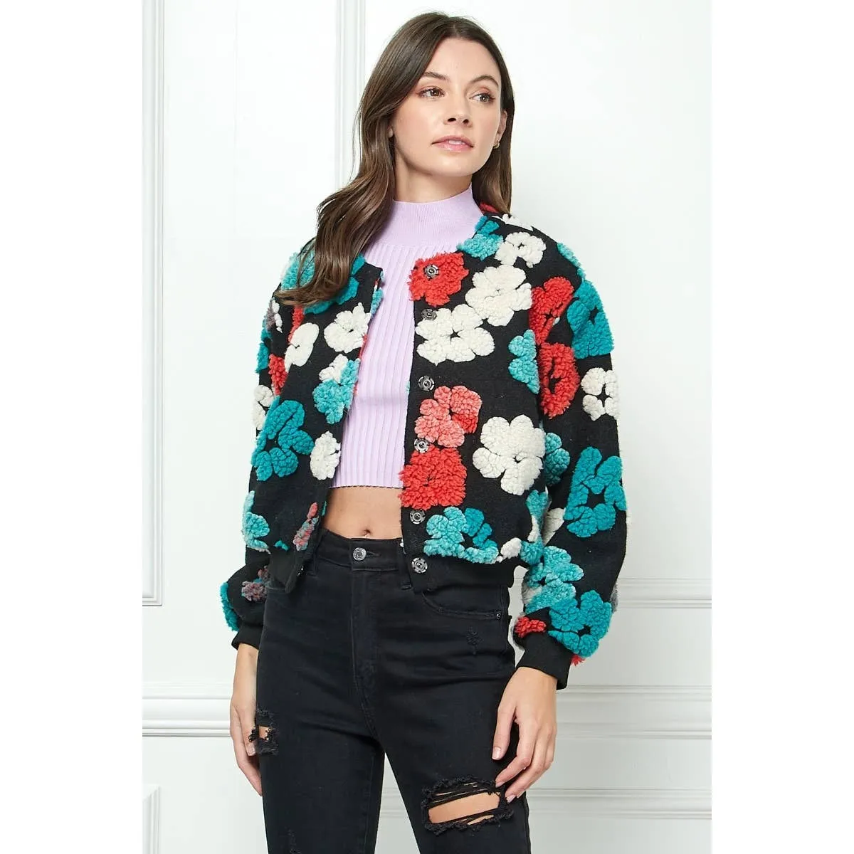 Felted Flower Puff Sleeve Button Jacket