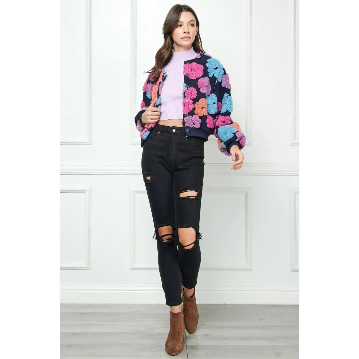 Felted Flower Puff Sleeve Button Jacket