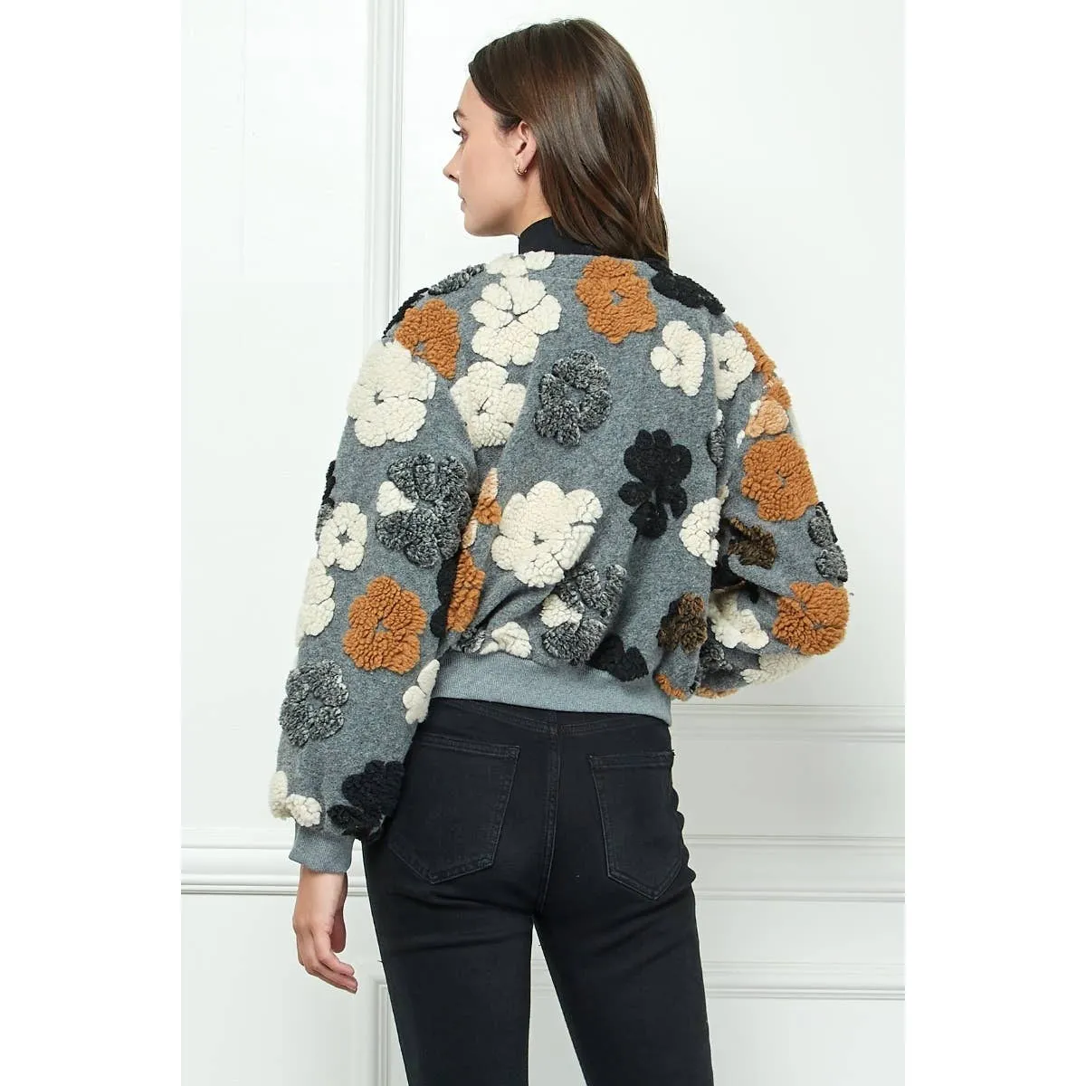 Felted Flower Puff Sleeve Button Jacket