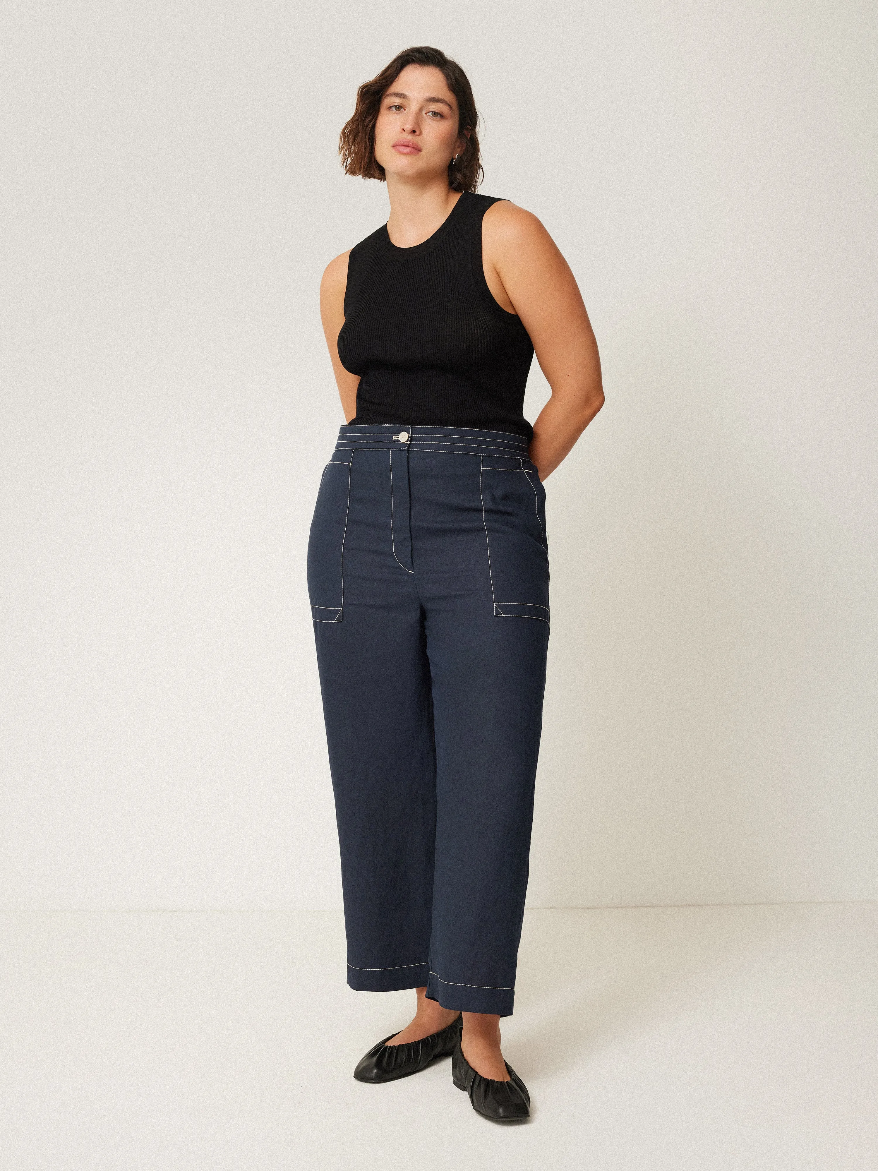 French Linen Cropped Trouser | Navy