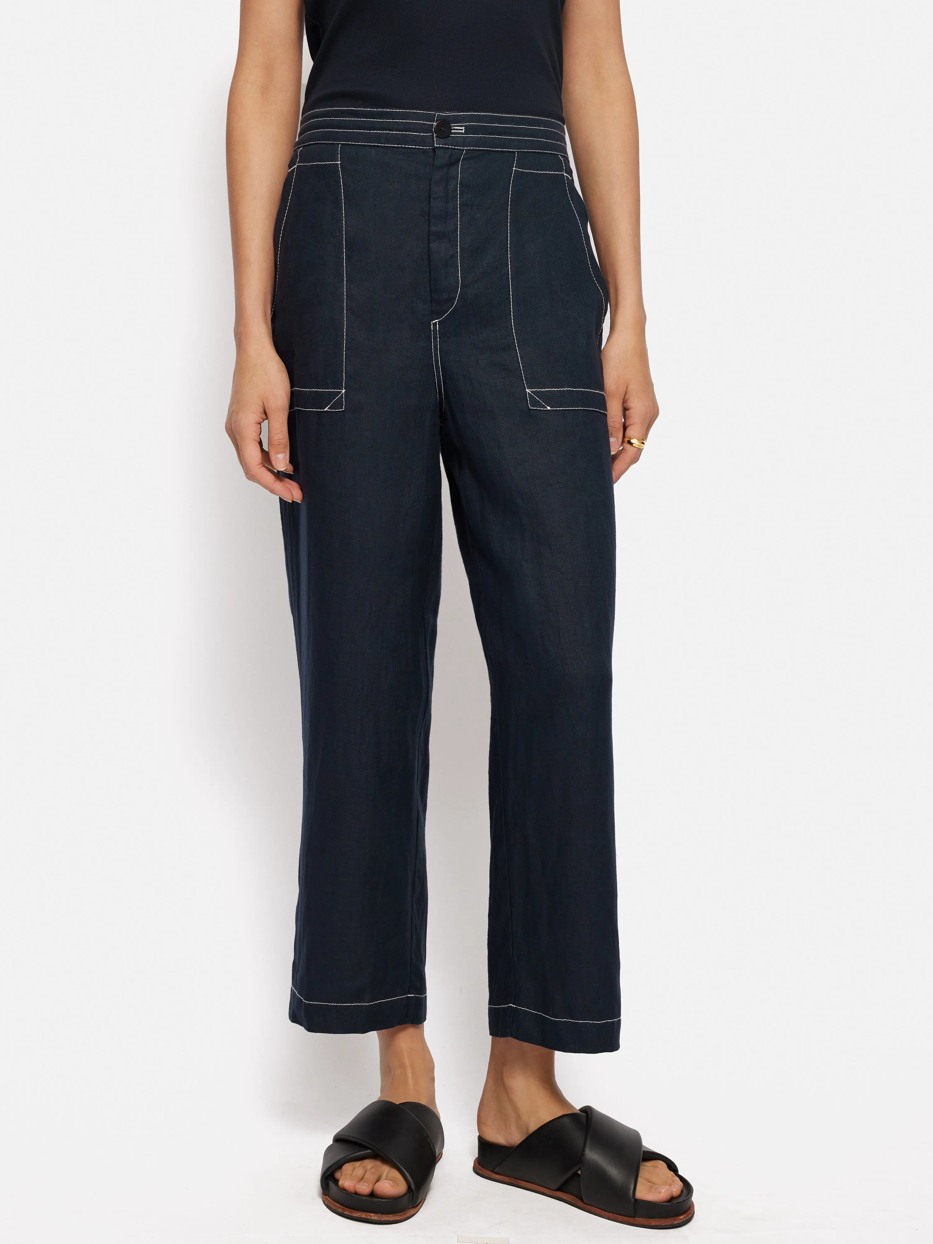 French Linen Cropped Trouser | Navy