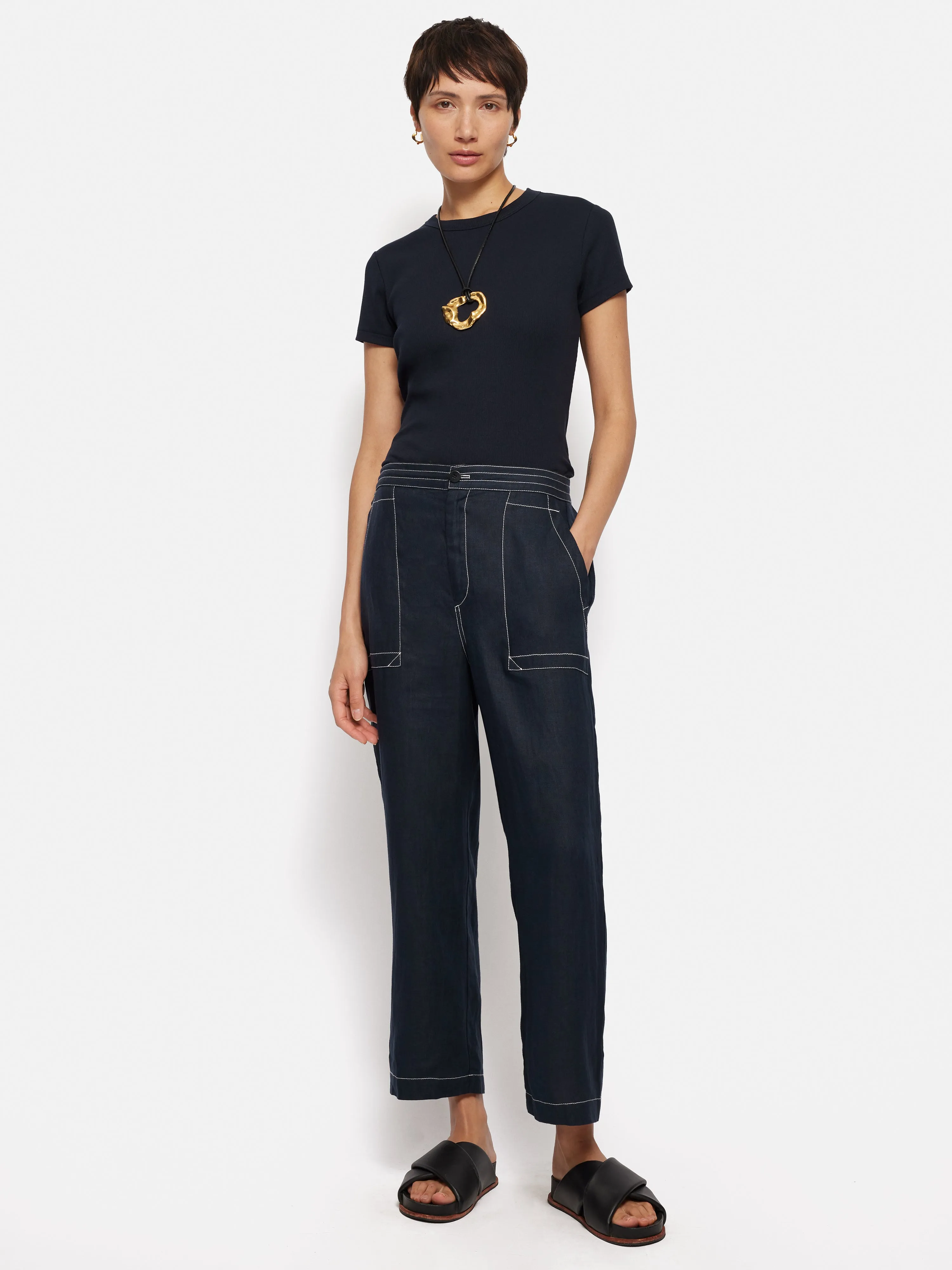 French Linen Cropped Trouser | Navy