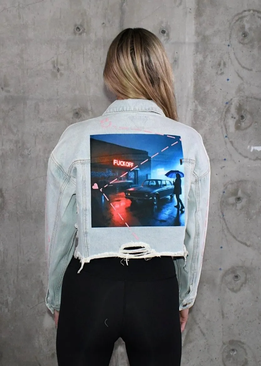 FUCK OFF Crop Denim Jacket