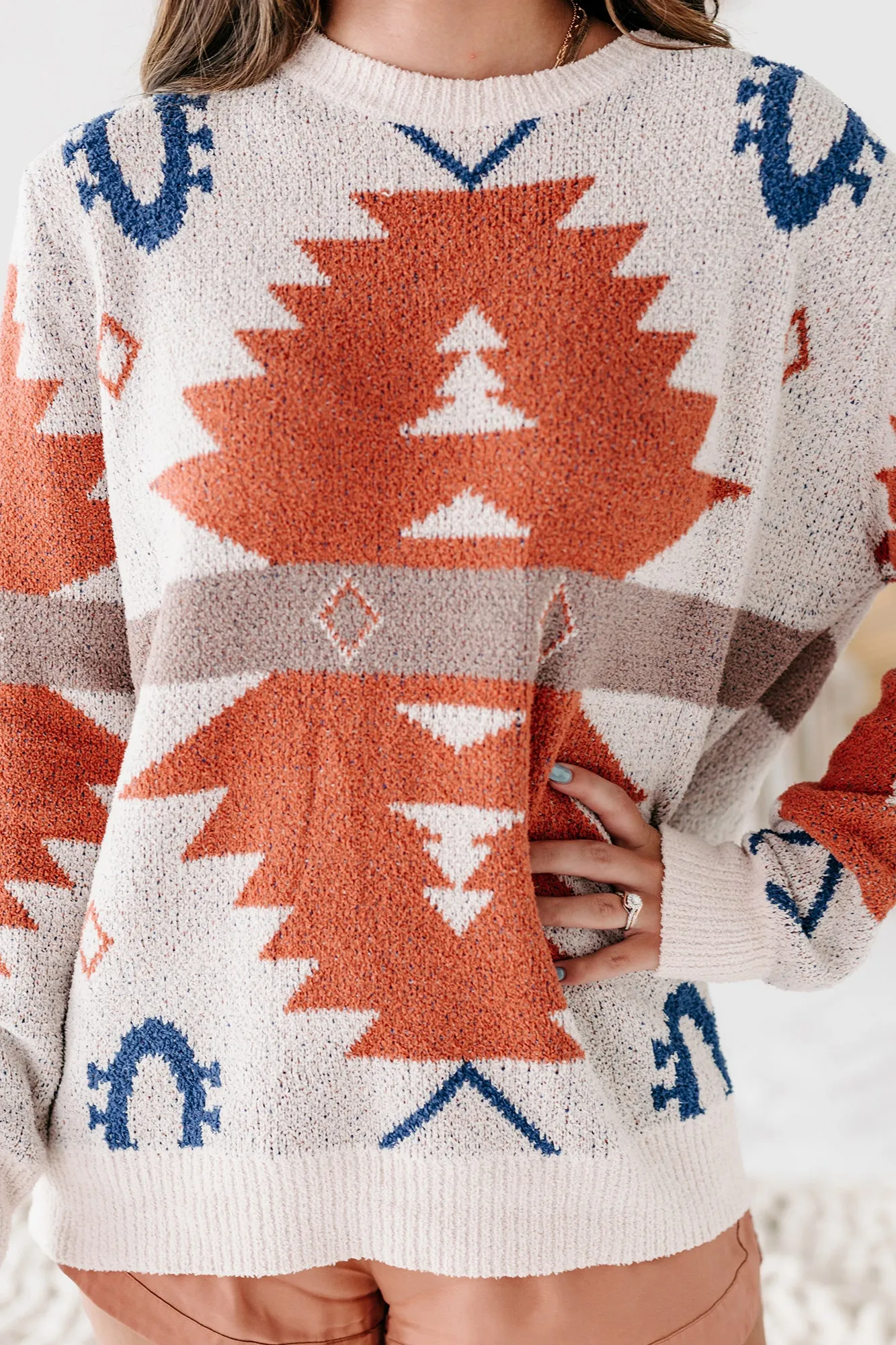 Gilded Love Oversized Aztec Print Sweater (Ivory/Rust)