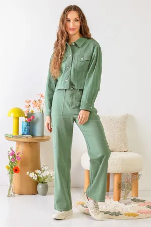 Green Cotton Denim Button-Up Collared Neck Two Pocket Jacket & High Waist Six Pocket Wide Leg Pants Set /1-2-2-1