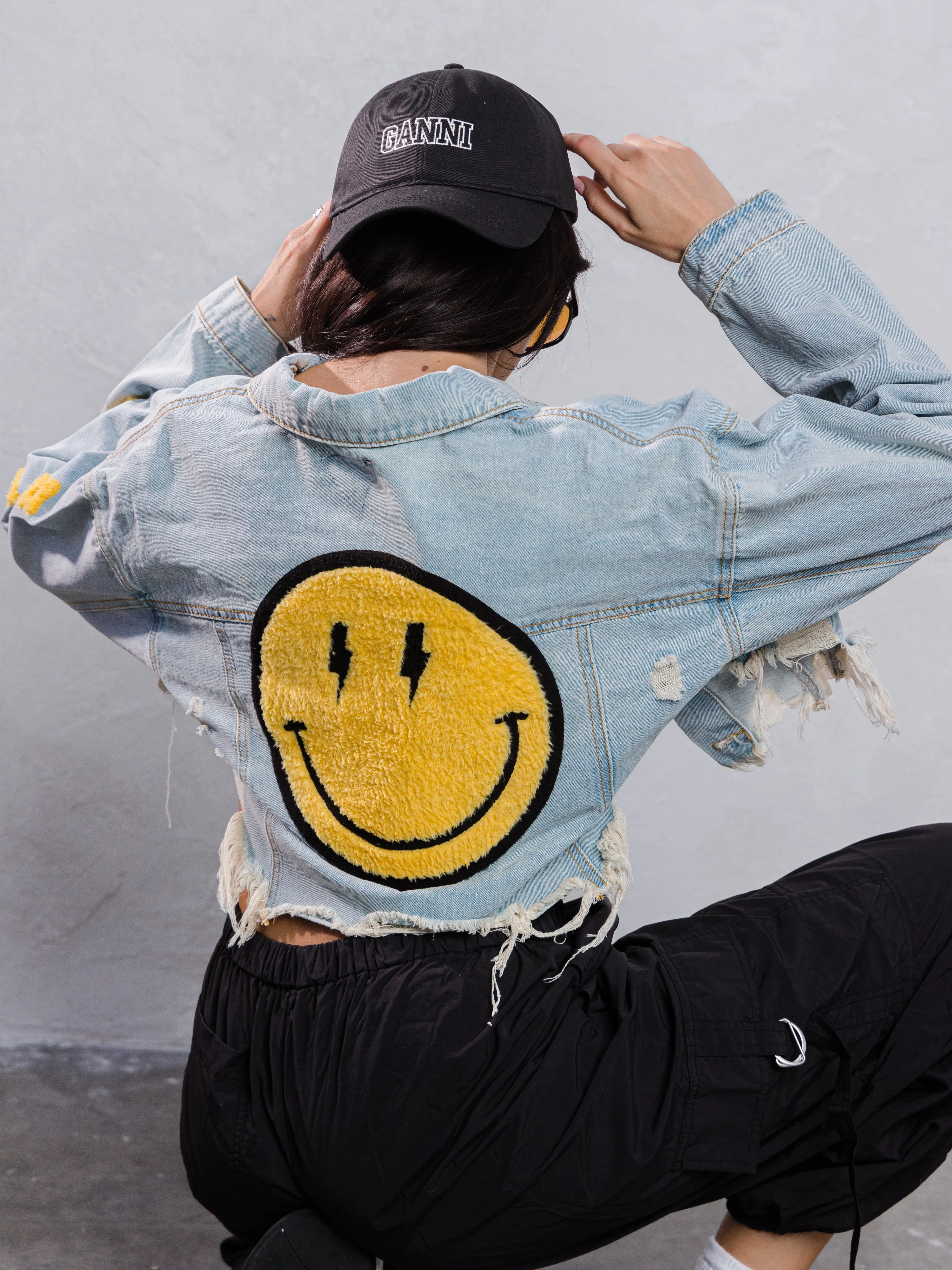 HAVE A NICE DAY yellow smiley Crop Denim Jacket