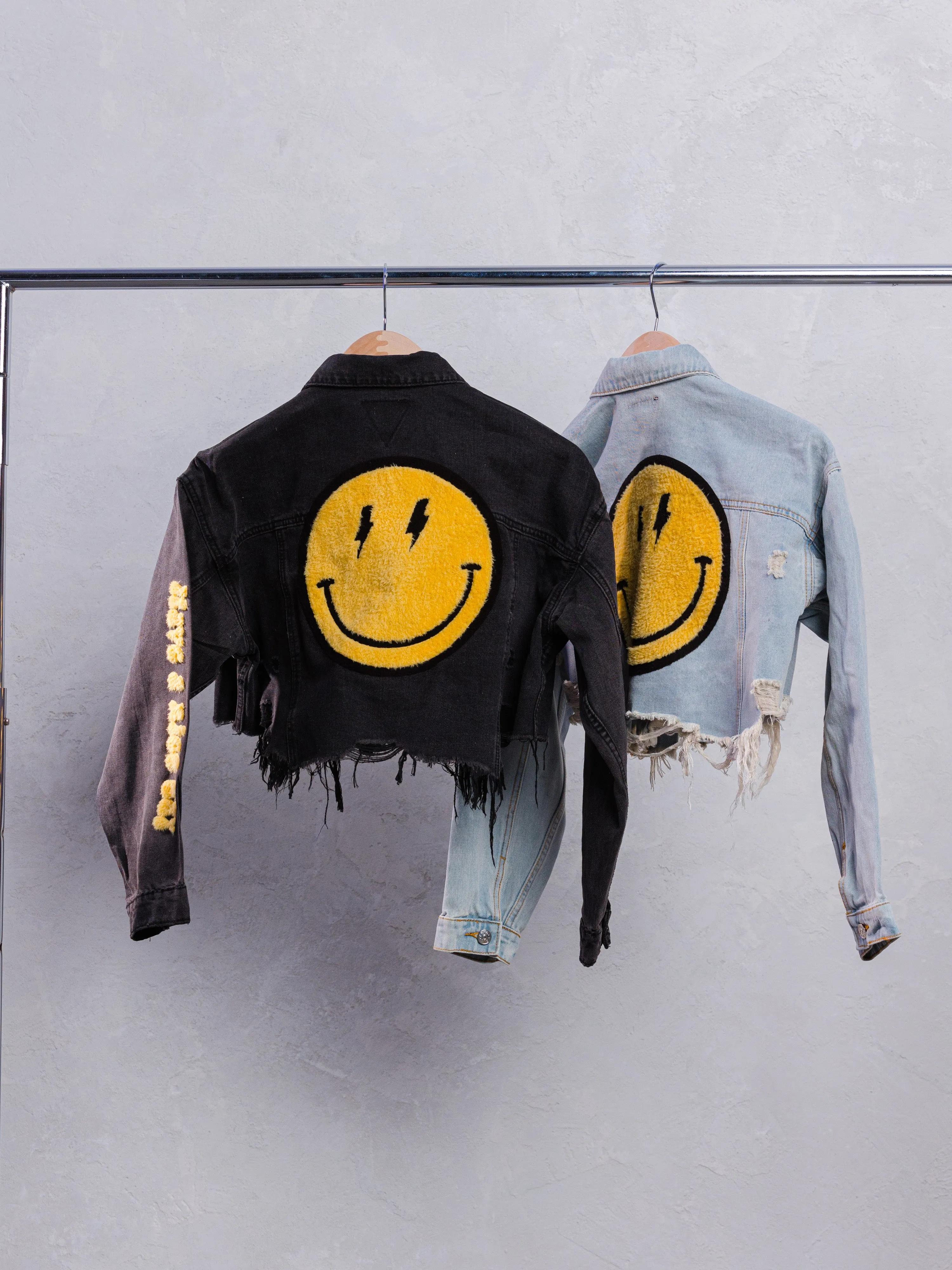 HAVE A NICE DAY yellow smiley Crop Denim Jacket