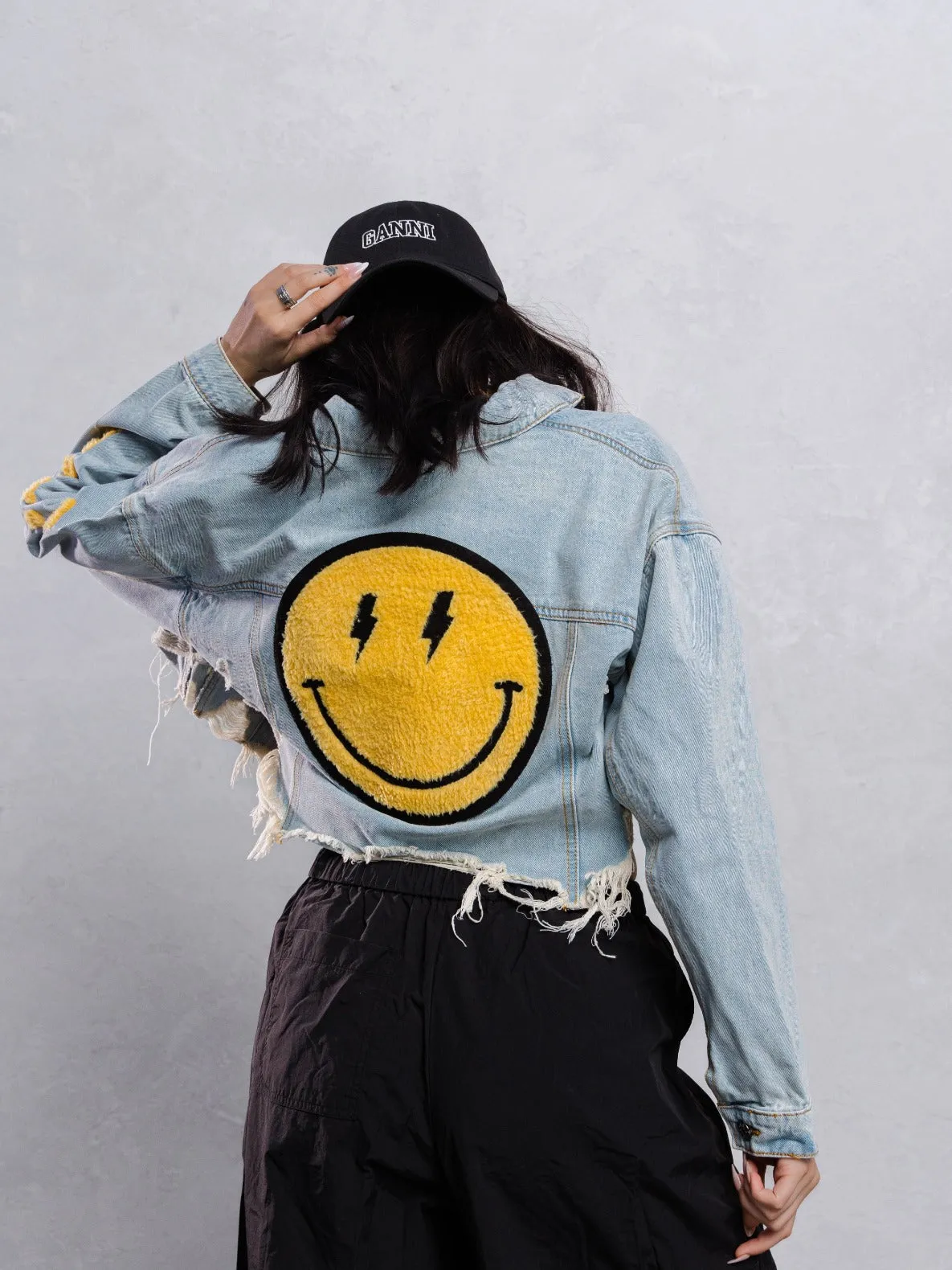 HAVE A NICE DAY yellow smiley Crop Denim Jacket