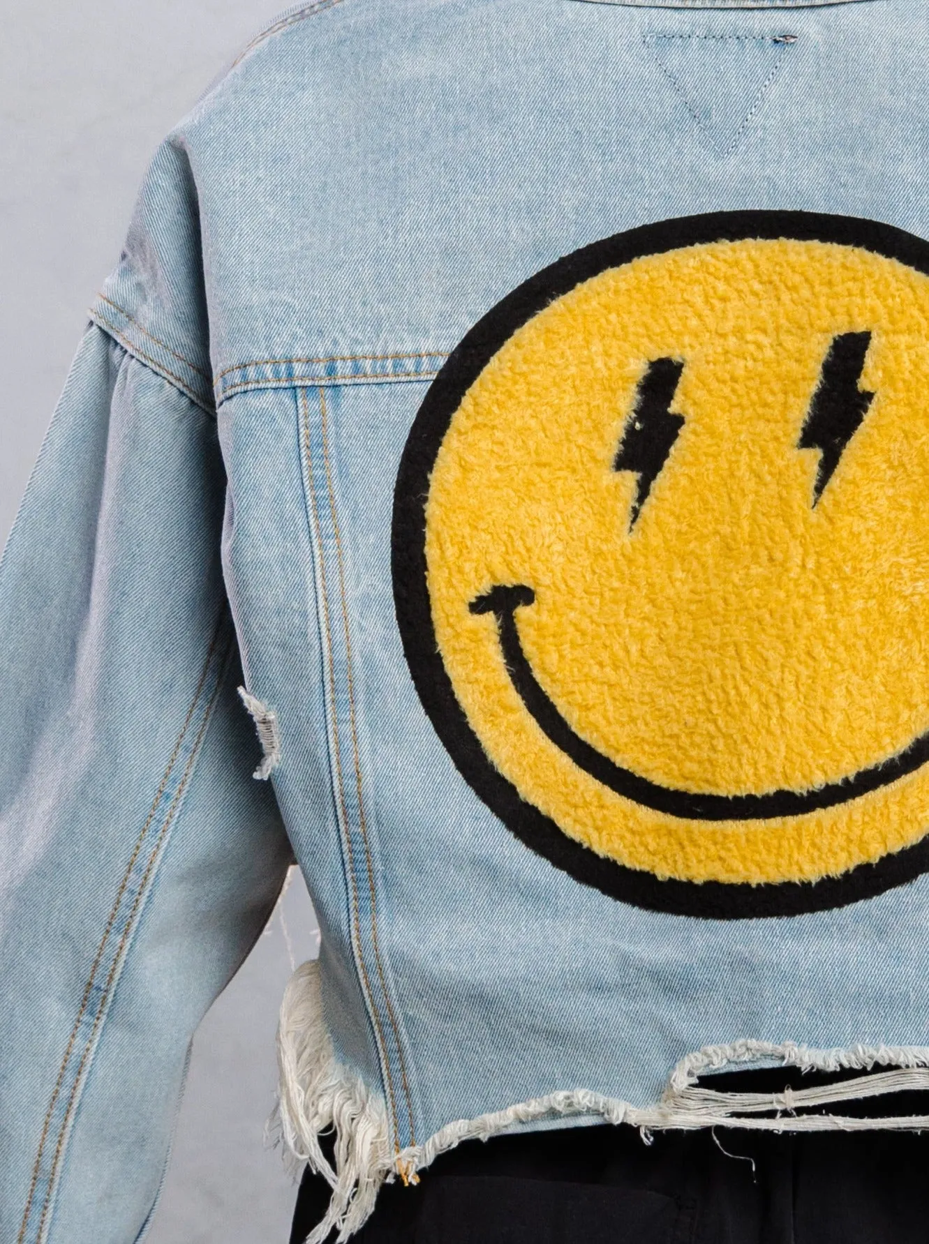 HAVE A NICE DAY yellow smiley Crop Denim Jacket