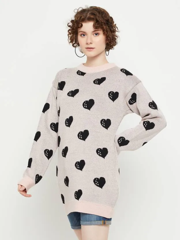 Heart Beige Self Design Sweater