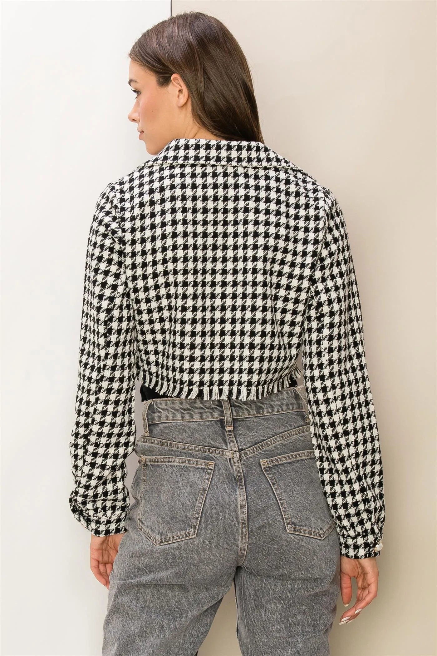 HF24C998-Houndstooth Crop Blazer