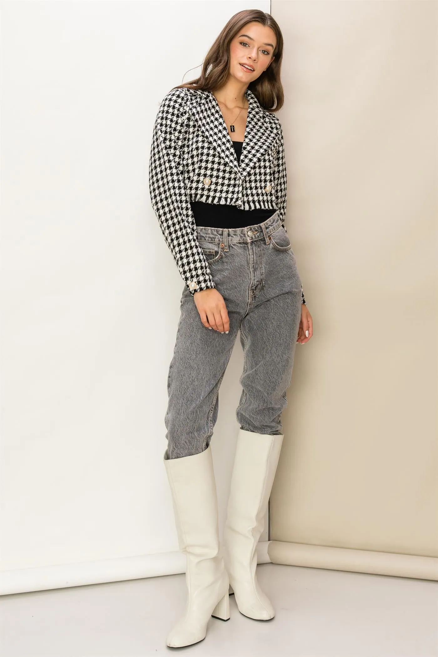 HF24C998-Houndstooth Crop Blazer